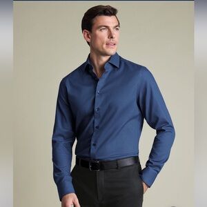 Charles Tyrwhitt Shirt 16.5 Slim Fit Non-Iron Diamond Stretch Texture Blue